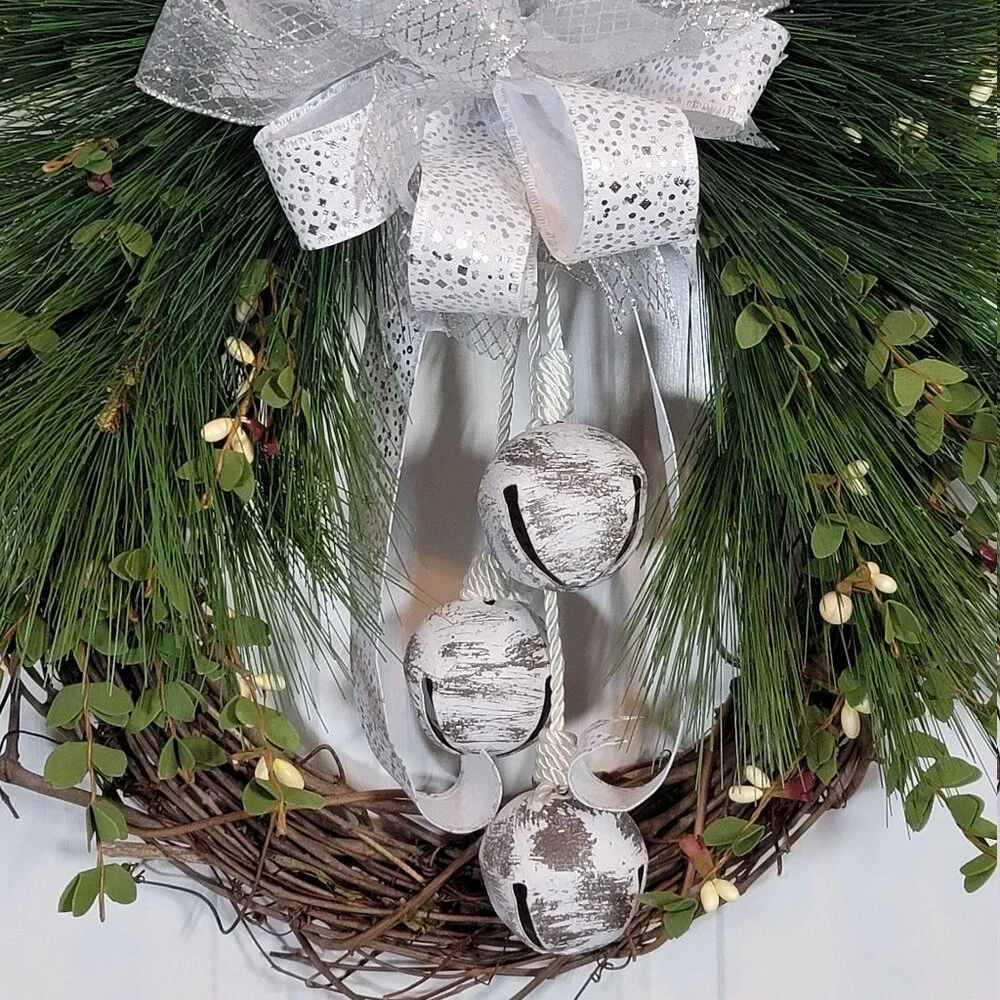 White Bells, White Berries, Pine Wreath, Winter Holiday Wreath, Hand Crafted